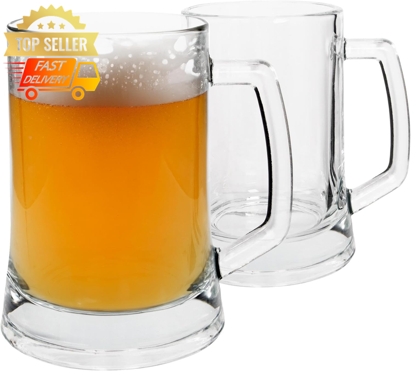 Set of 2 Glass Beer Mugs 500ml German Style Tankard Dishwasher Safe Bar Home