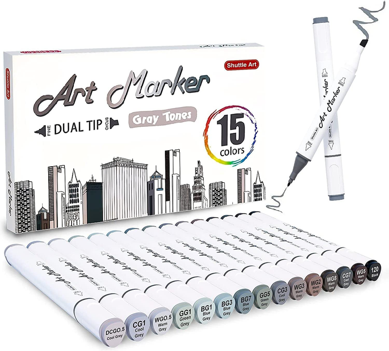 Shuttle Art 15 Colors Grey Tones Dual Tip Art Marker, Perman