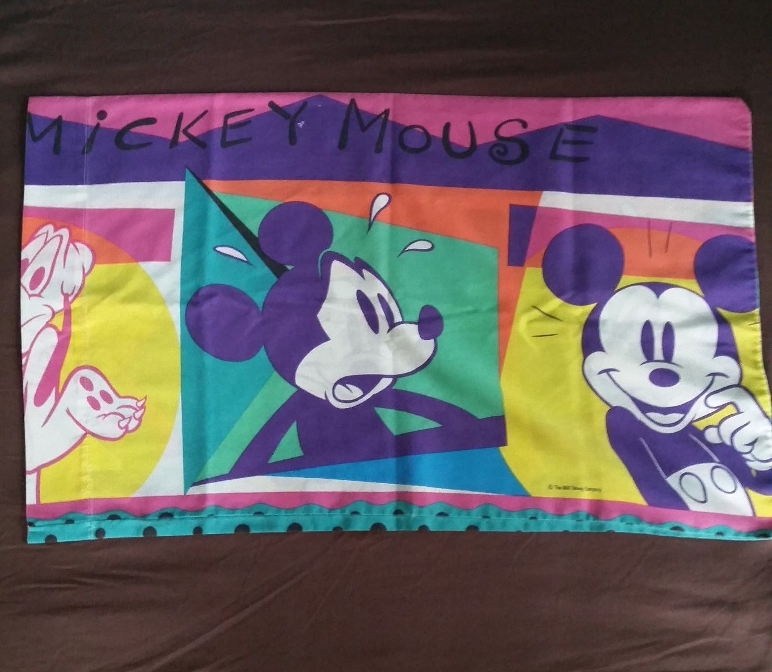 Vintage Disney Pillowcase Mickey Mouse Pluto Fabric Bright Pink Purple Moods 90s
