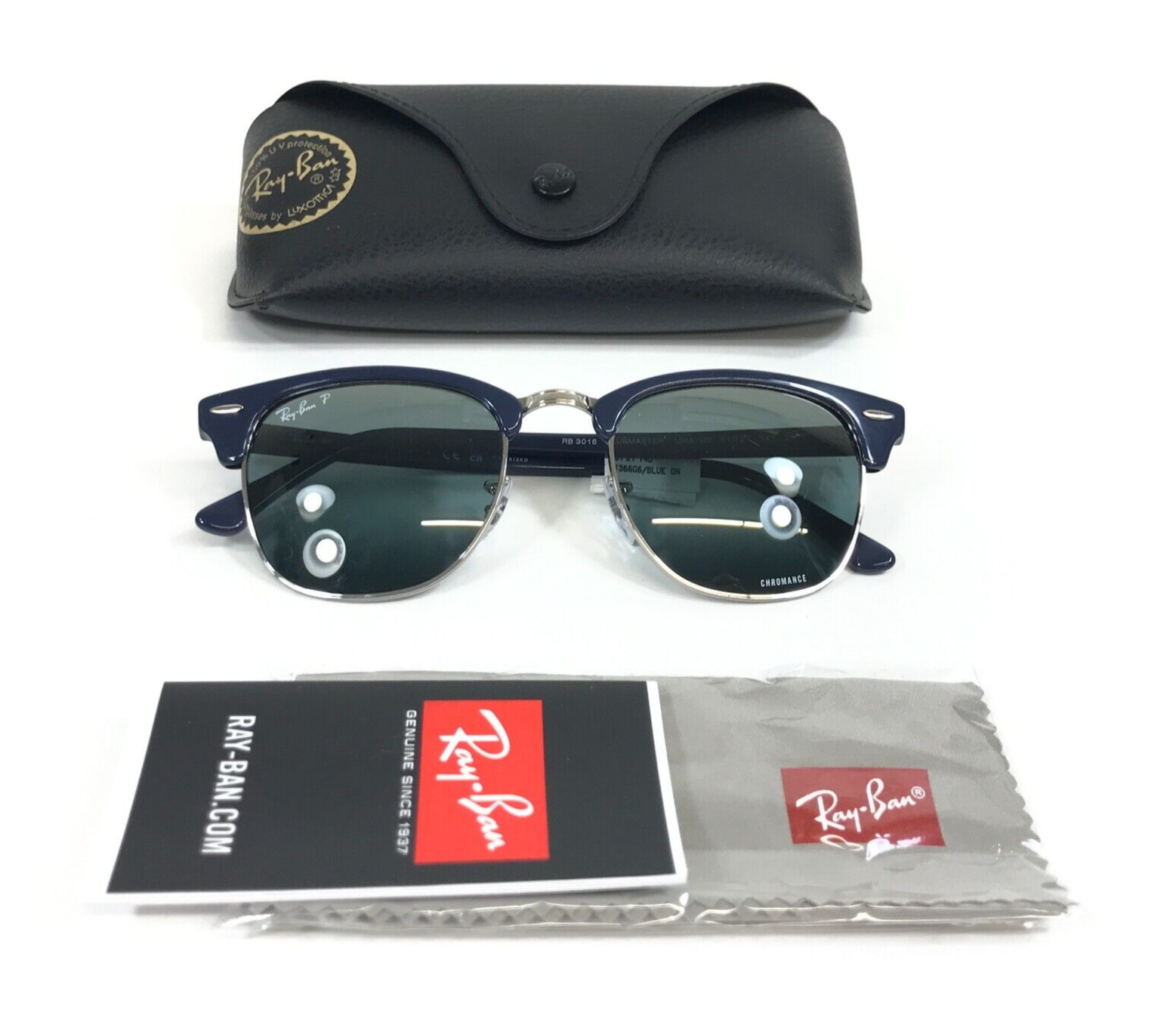 Ray-Ban Sunglasses RB3016 CLUBMASTER 1366/G6 Polished Blue Silver CHROMANCE 51mm Ray-Ban Sunglasses RB3016 CLUBMASTER 1366/G6 Polished Blue Silver CHROMANCE 51mm