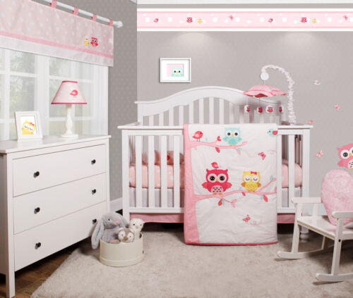 5 PCS Bumperless Owls Family Baby Girl Nursery Crib Bedding 