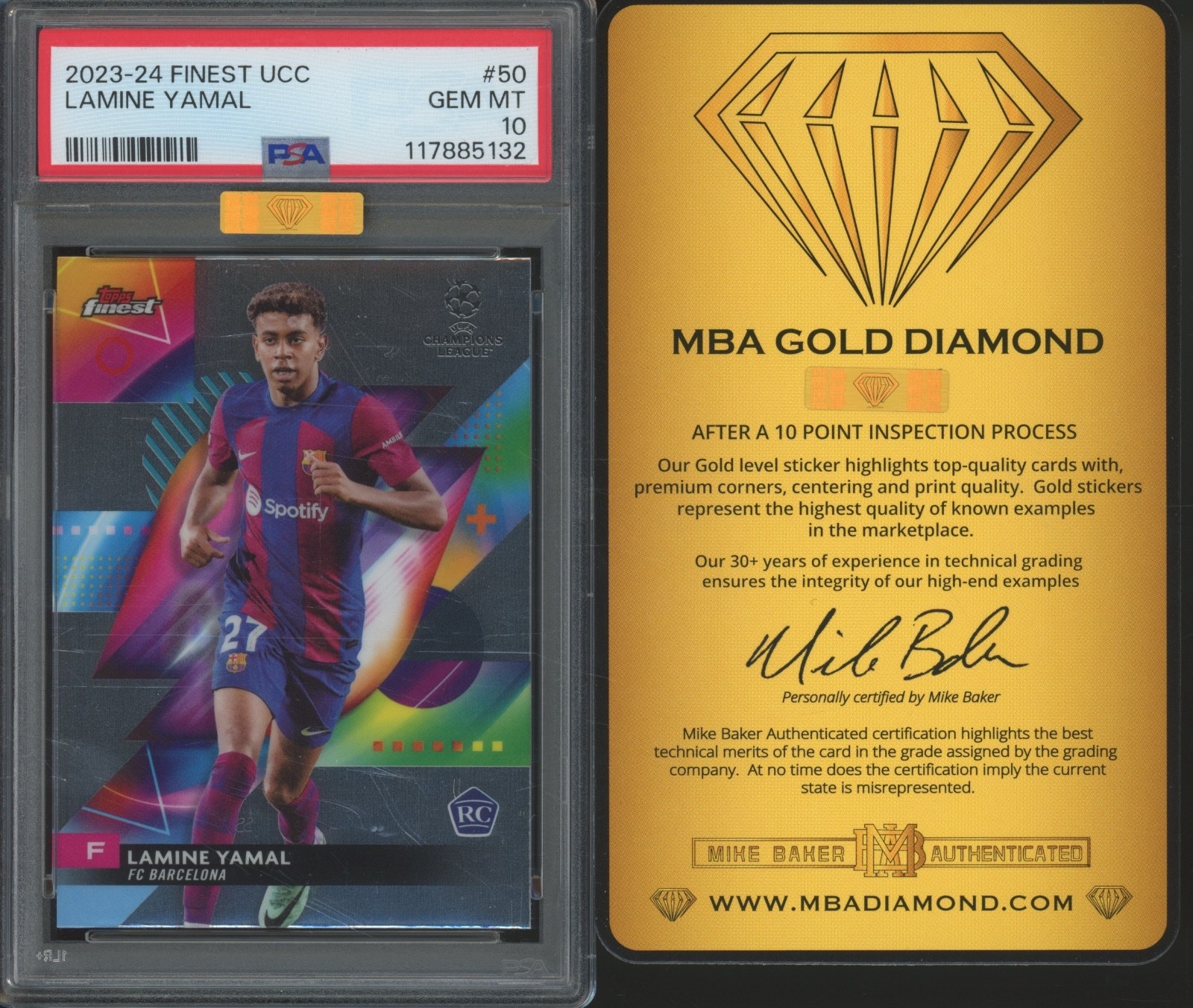 2023 Topps Finest UCC 50 Lamine Yamal RC Top 5% MBA Gold Diamond Gem Mint PSA 10