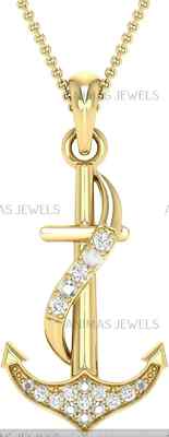 0.045 cttw Real Diamond Anchor Charm Pendant 18'' Necklace 14K Yellow Gold Plated