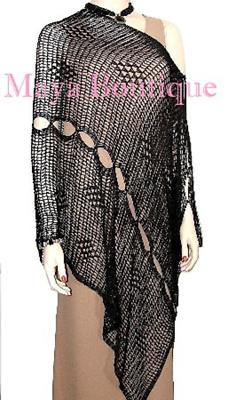 Pre-owned Maya Matazaro Black Crochet Poncho Top Asymmetrical Rayon-silk  One Size