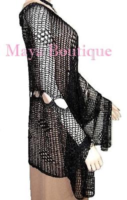 Pre-owned Maya Matazaro Black Crochet Poncho Top Asymmetrical Rayon-silk  One Size