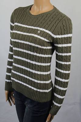 Ralph Lauren Olive Green Cable Knit Crewneck Sweater White Stripes NWT