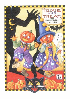 Mary Engelbreit-Vintage Cat TRIXIE & TREAT PUMPKIN TWINS Halloween POSTCARD-NEW!