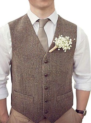 Men Wool Blend Herringbone Tweed Waistcoat Slim Fit Formal Suit Vest