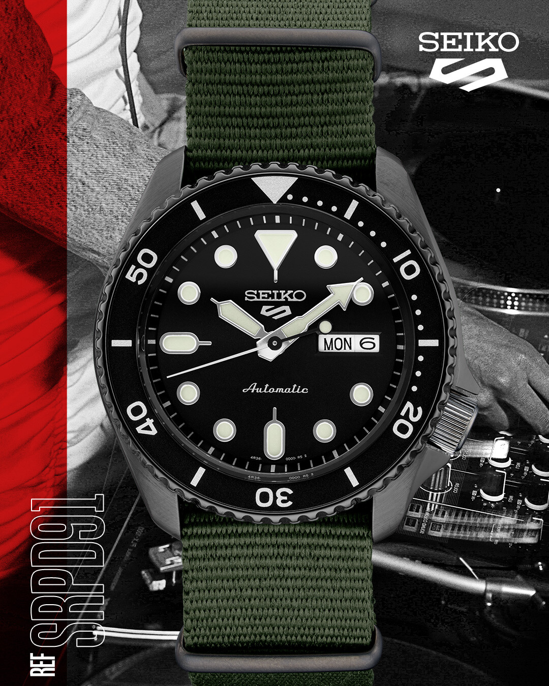 Pre-owned Seiko 5 Sports 24-jewel 42.5mm Automatic Watch - Black Dial - Green Nylon Strap