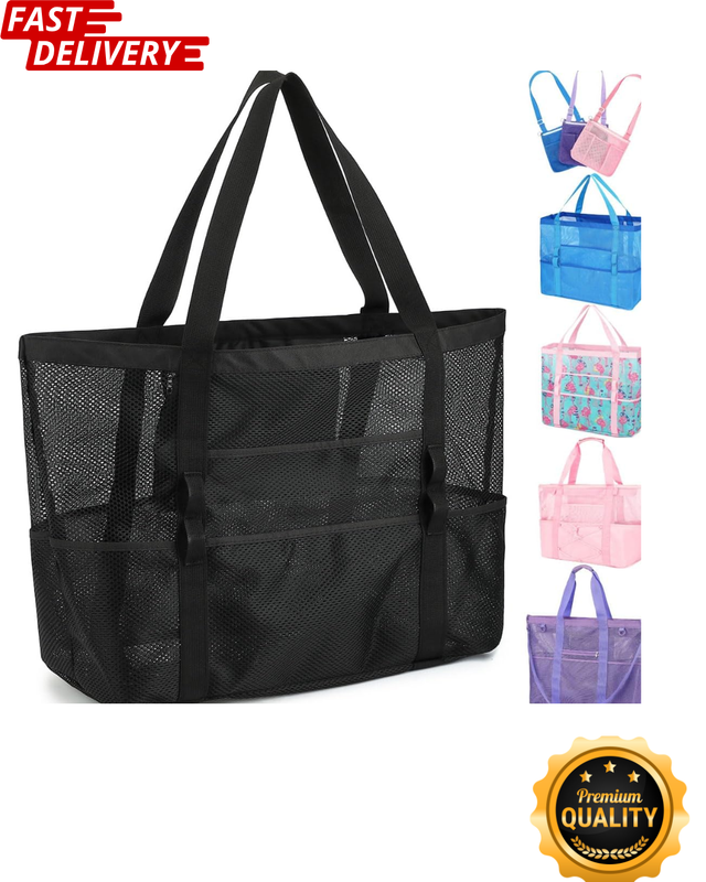 Large Mesh Beach Bag Sandproof Tote with Zipper Pocket Travel Pool Bag