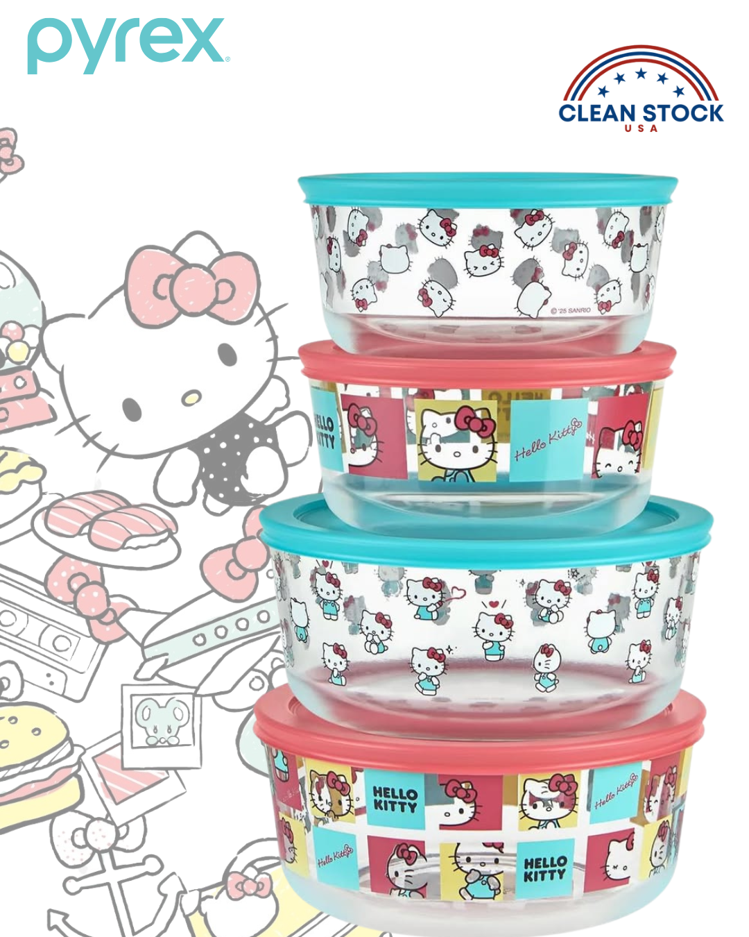 NEW Pyrex Hello Kitty 4pc Glass Storage Set Costco Exclusive
