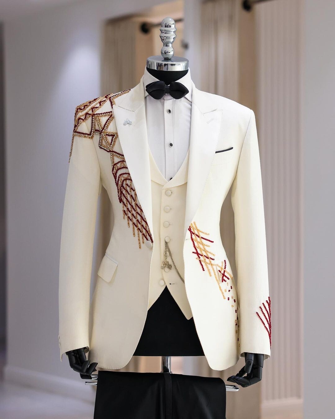 Pre-owned Custommade Men's Custom Made 2 Piece Ivory White Wedding Western Suit Premium Embroidered