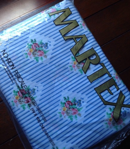 Martex Percale Twin Fitted Sheet Blue Striped Floral Made in USA Vintage NIP NEW