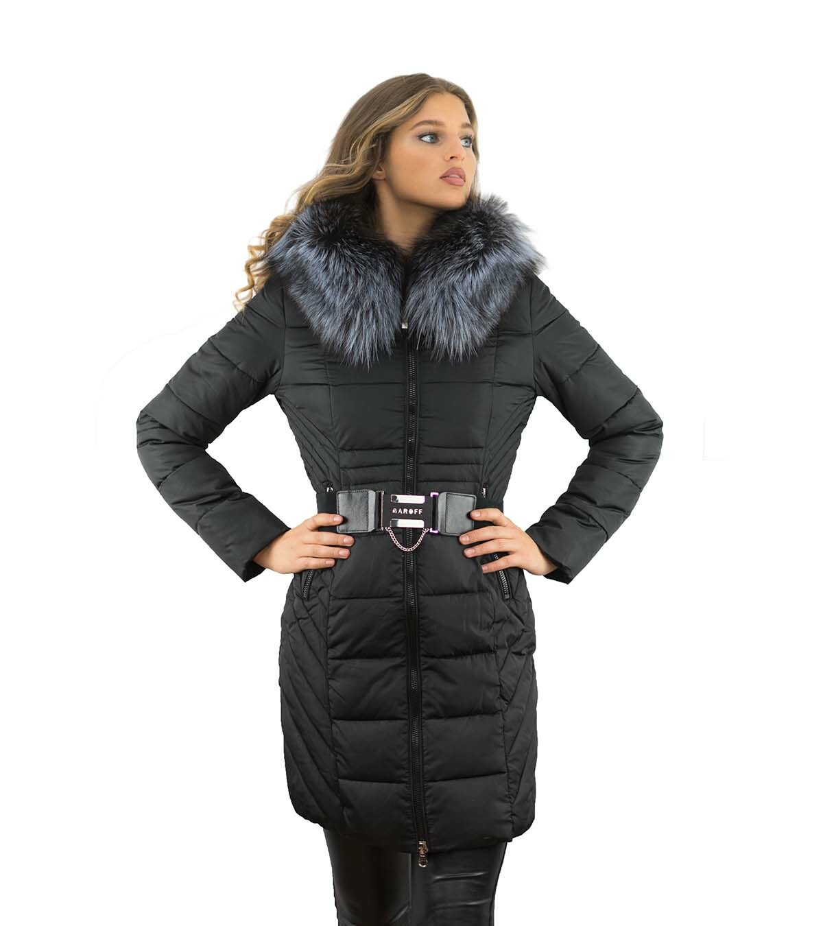 MARKENLOS DAMENMANTEL STEPPMANTEL DAUNEN MANTEL MIT PELZ PELZKRAGEN ECHTFELL SILBERFUCHS