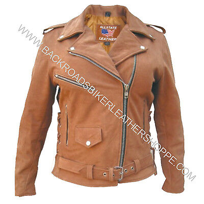 Pre-owned Allstate Leather Ladies Women's Brown Leather Motorcycle Biker Jacket Coat