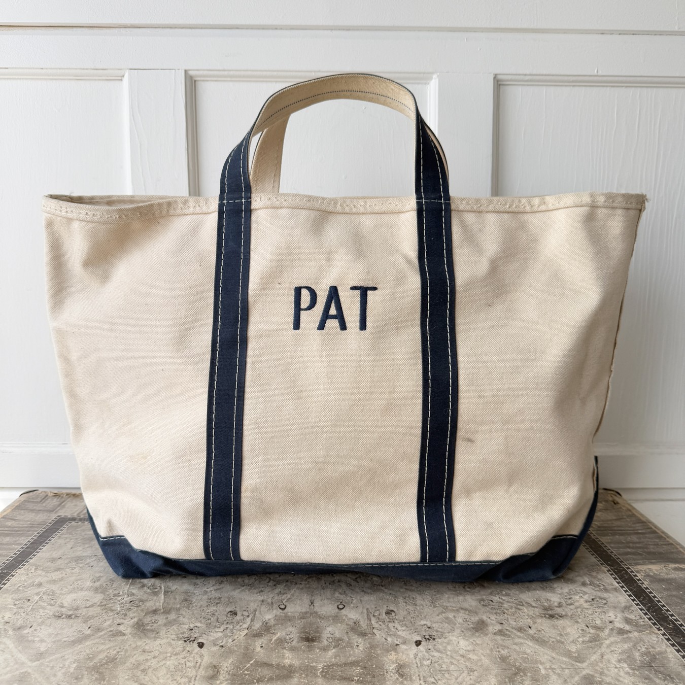 VTG 80s LL Bean Boat Tote Bag USA Canvas Navy Blue Zip Top