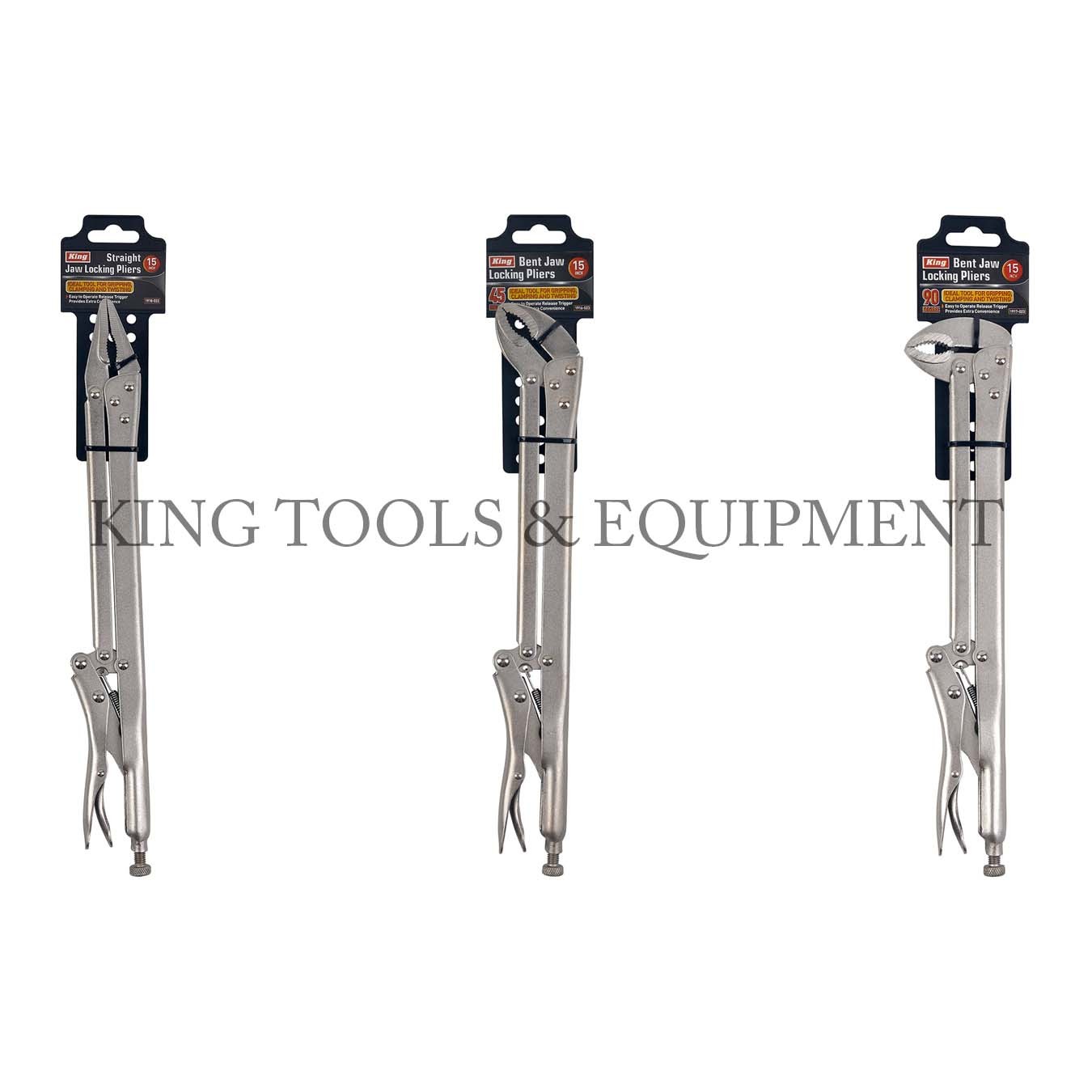 KING 15" EXTENDED REACH LOCKING PLIERS, Extra Long Straight 45 90 Deg. Bent Jaws