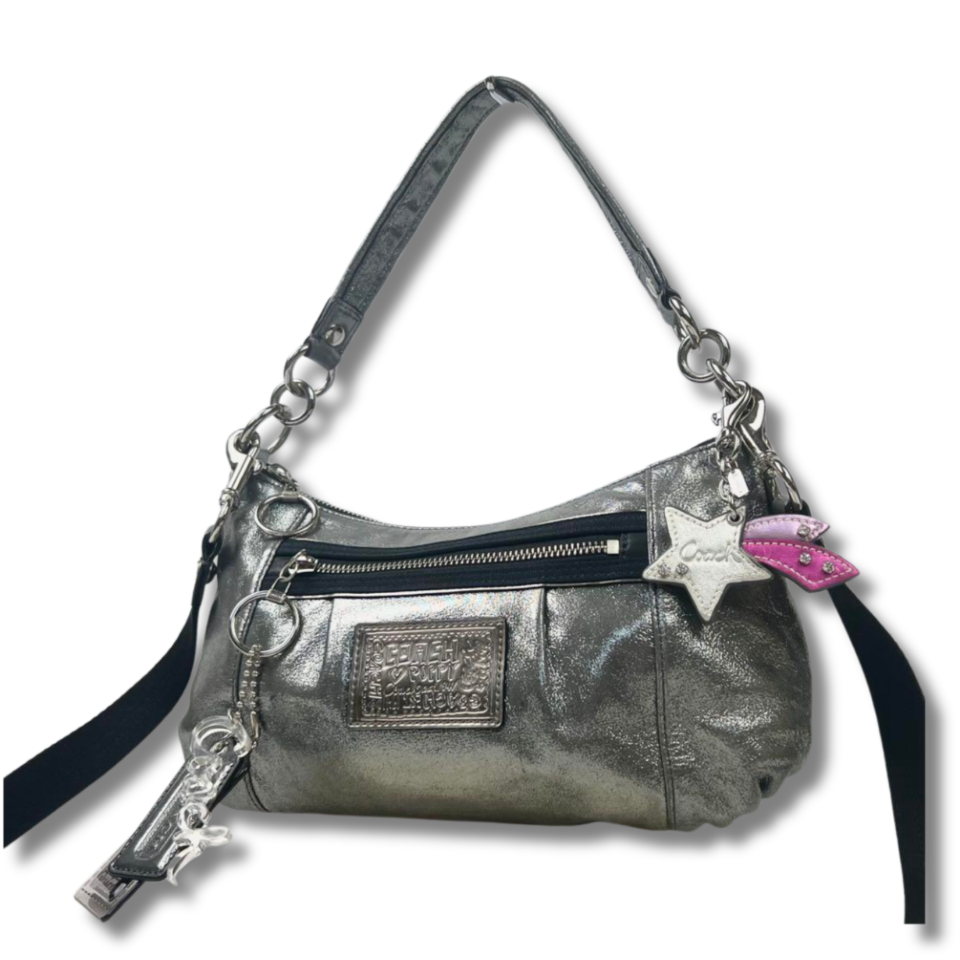 Coach Vintage Poppy Metallic Silver Patent Leather 2Way Shoulder