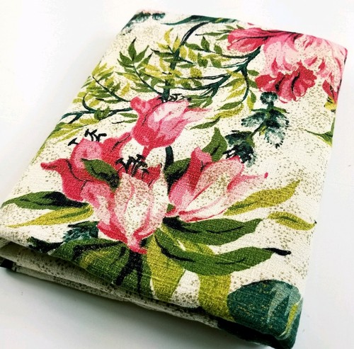 VTG Barkcloth Remnants Pink Gold Floral on Ivory Background 37x42, 13x17 Vintage