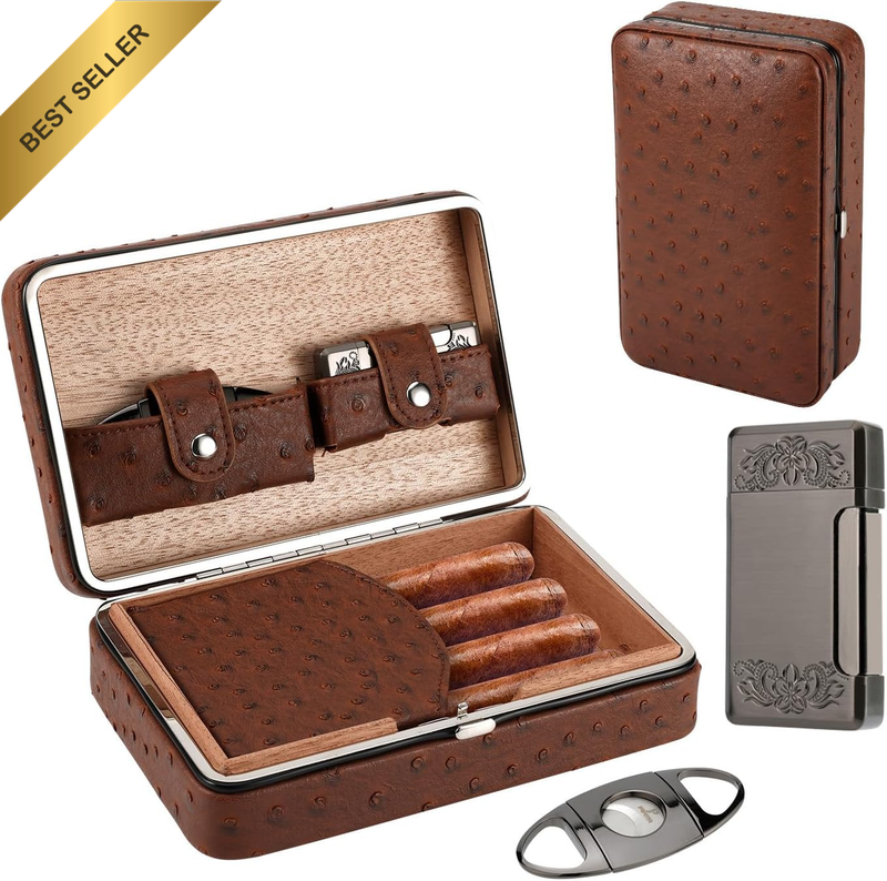 Travel Cigar Humidor Kit, Cedar Wood Lined Leather Case, 4-Cigar Capacity with W