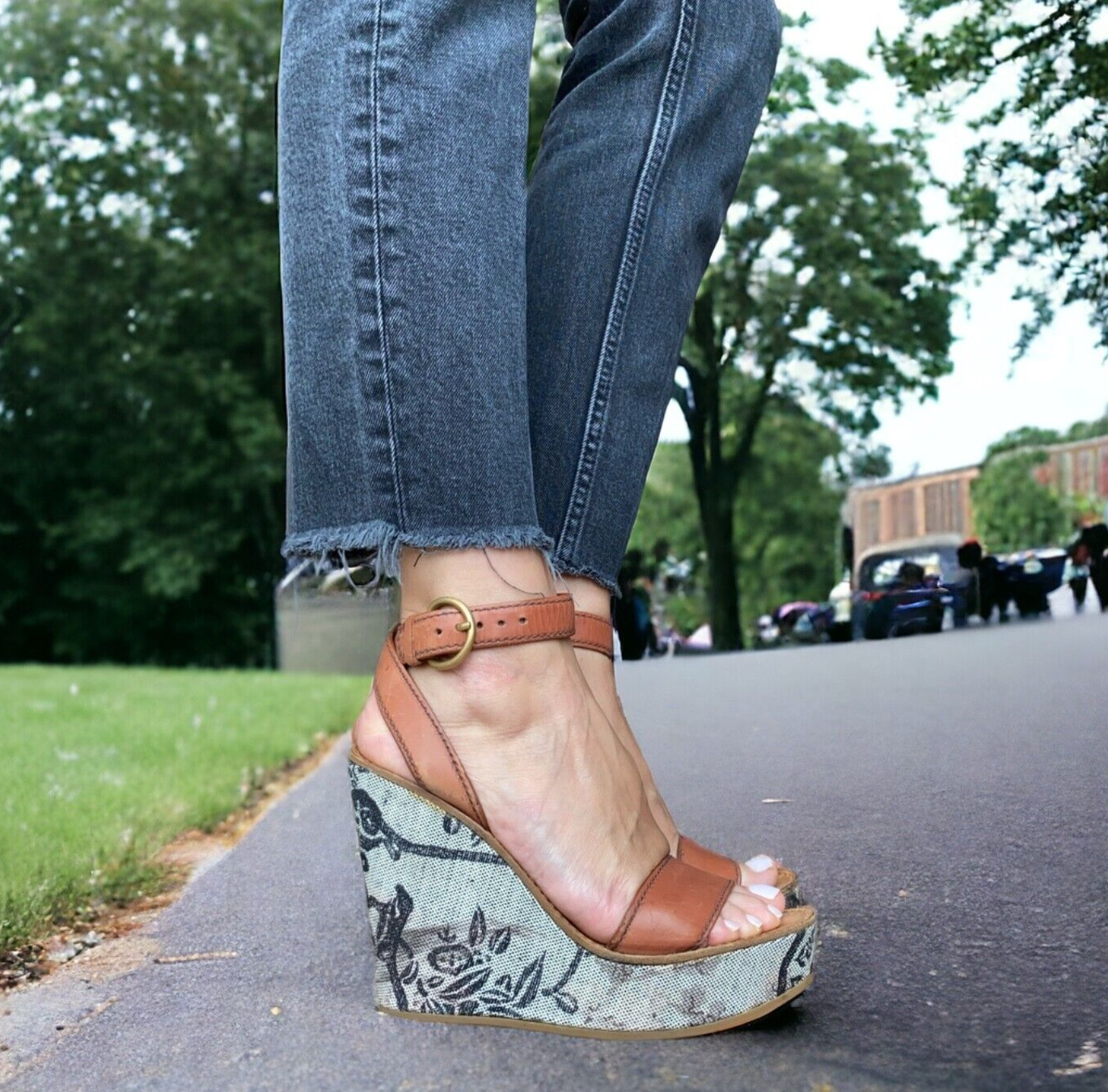 MIU MIU Brown Leather Strappy Floral Printed Canvas Wedge MIU MIU Brown Leather Strappy Floral Printed Canvas Wedge
