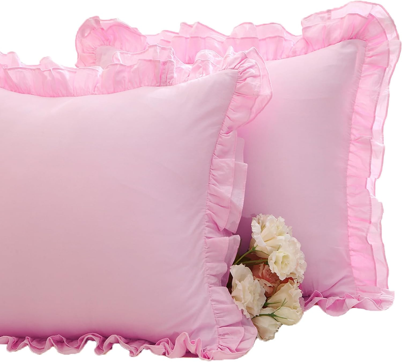 2 Pack Pink Ruffle Euro Pillow Sham Covers 26X26 Inches, 100% Cotton Pillowcases