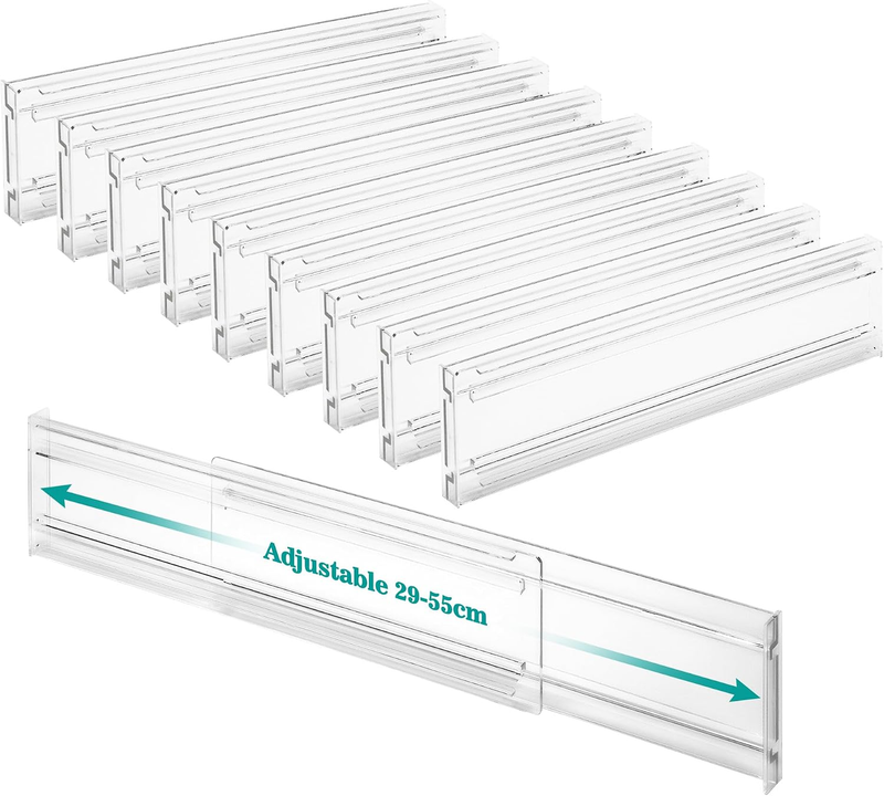 9 Pack Adjustable Drawer Dividers, Expandable 29-55Cm, 8Cm High, Clear Plastic D