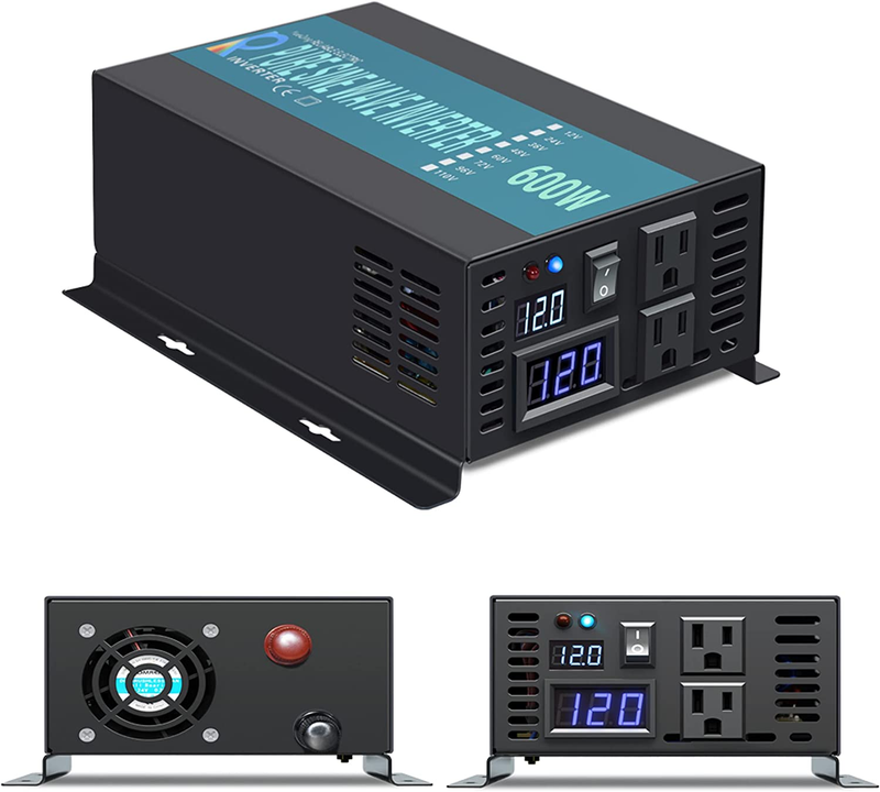 Pure Sine Wave Inverter 600Watt 12V DC to 120V AC Power Converter 1200W Surge