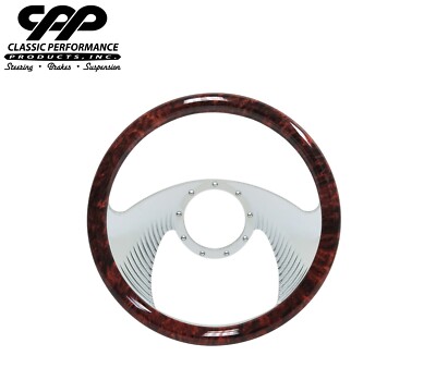 NEW CPP CHROME BILLET 14'' HAWK STEERING WHEEL WOOD GRAIN 1/2 WRAP ROD CLASSIC