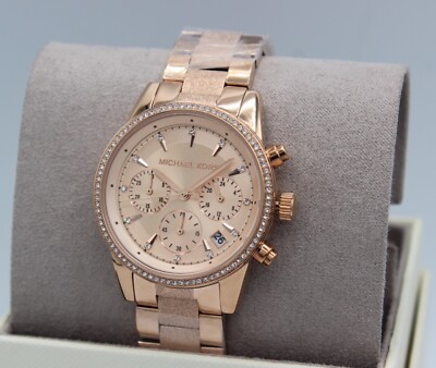 NEW AUTHENTIC MICHAEL KORS RITZ ROSE GOLD CRYSTAL CHRONOGRAPH WOMEN MK6598 WATCH