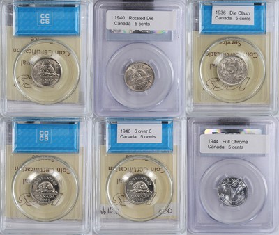 1936, 1940, 1941, 1944, 1946, 1949 Canada 5 Cents PCGS ICCS CCCS