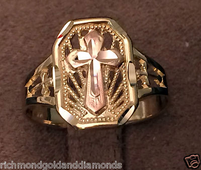 Pre-owned Fashion Ring 14k Rose & Yellow Gold Cross Ring Band Right Hand Promise  In Pink