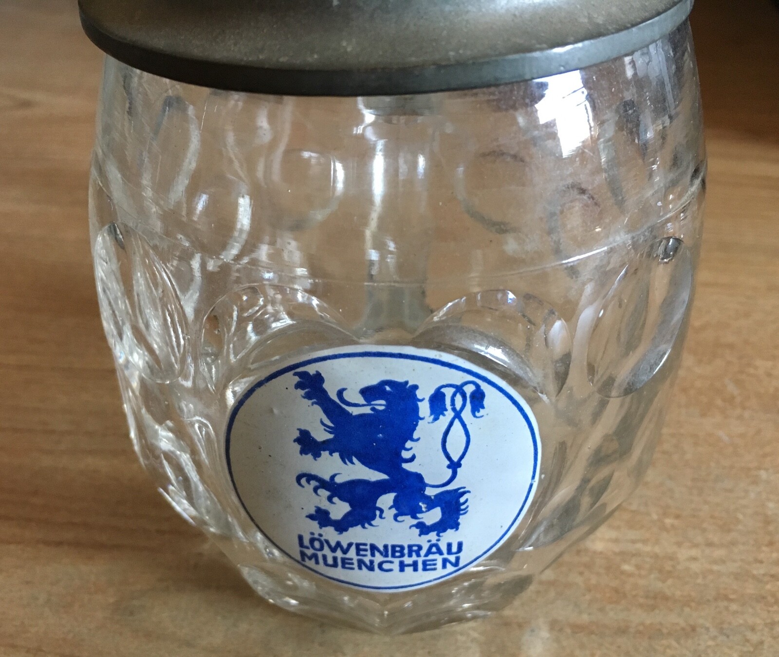 Vintage Lowenbrau Muenchen Glass Beer Stein w/ Metal Lid - Made in Germany