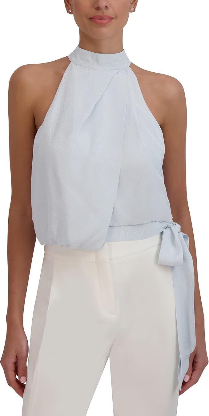 BCBGMAXAZRIA Sleeveless Halter Neck Overdraped Side Tied Blouse Women's S Blue~ - Picture 1 of 13