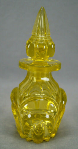 Bohemian Canary Yellow Cut Loop Pattern Glass Perfume / Cologne Bottle C. 1850s