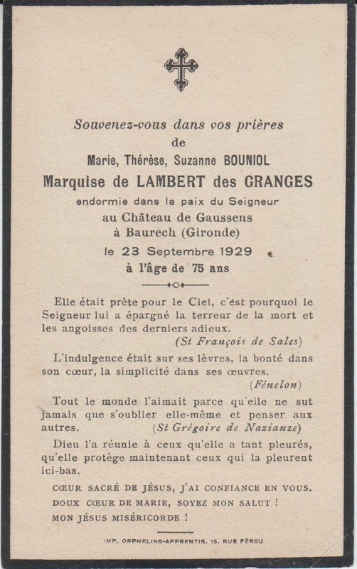 1929 Memento Marquise De Lambert Des Granges NéE Suzanne Bouniol - Baurech (33).