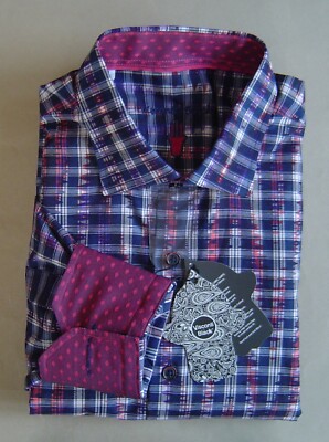  NWT $99 LUCHIANO VISCONTI BLACK Mens M NAVY BURGUNDY PRINT Cotton Shirt 3960