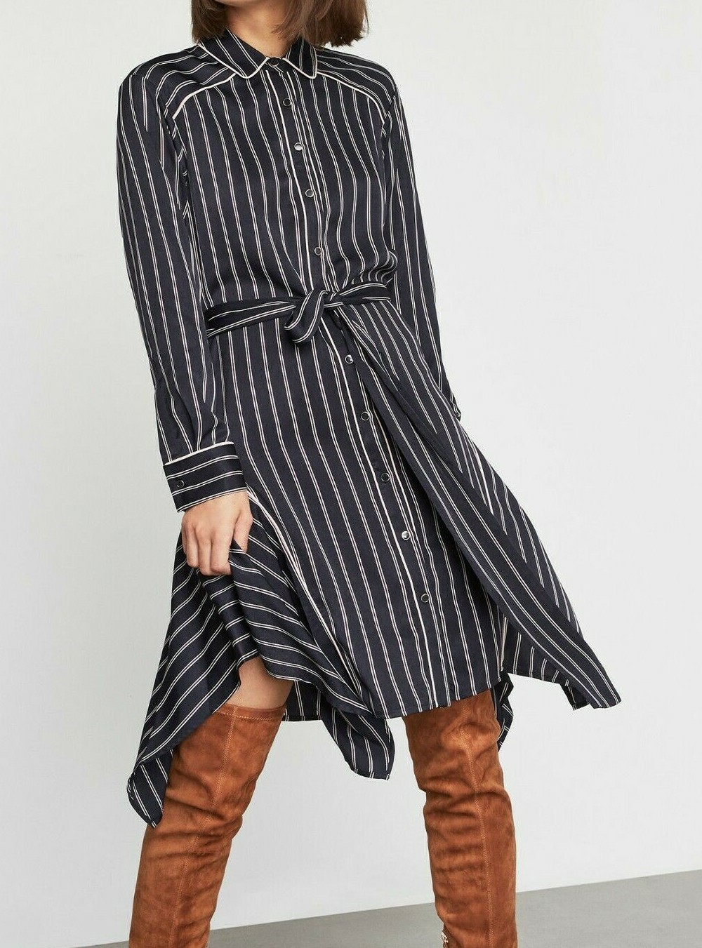 ⭐️BCBG MAXAZRIA $398 NWT BCBGMAXAZRIA SzXS ASYMMETRICAL STRIPED SATIN SHIRT DRESS