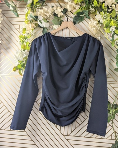 Zara Women's Navy Blue Blouse Ruched Long Sleeve Size XS | eBay