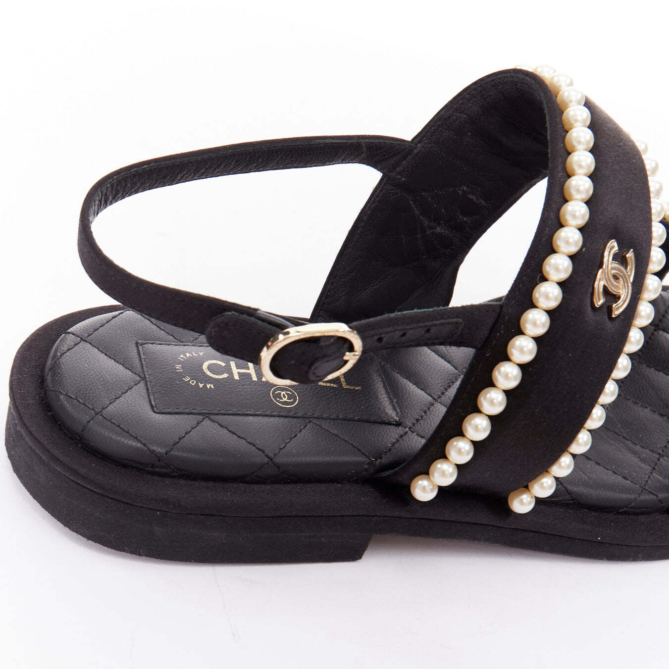 CHANEL 2022 black pearl embellished satin CC flat dad