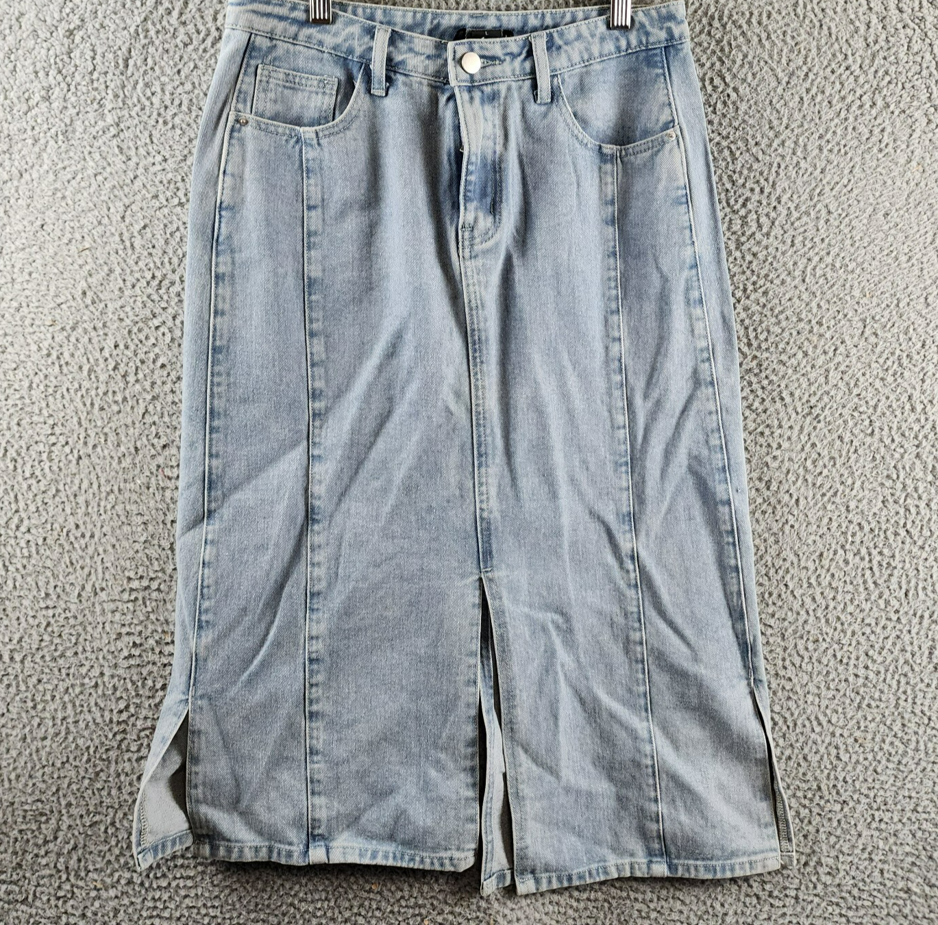 Gracia Straight Cut Midi Denim Skirt Women's L Blue Side Pockets Button Zip - Picture 2 of 15