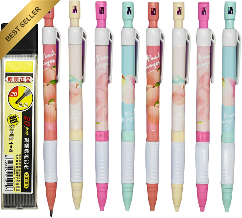 12 Pcs 2.0 Mm 2B Cute Peach Cilck Mechanical Pencil with Sharpener and 20 Pcs Th