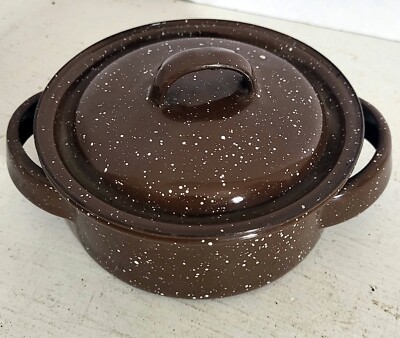 Vintage Small Enamelware Brown Speckled Cooking Pot with Lid Handles 4.75'' Base