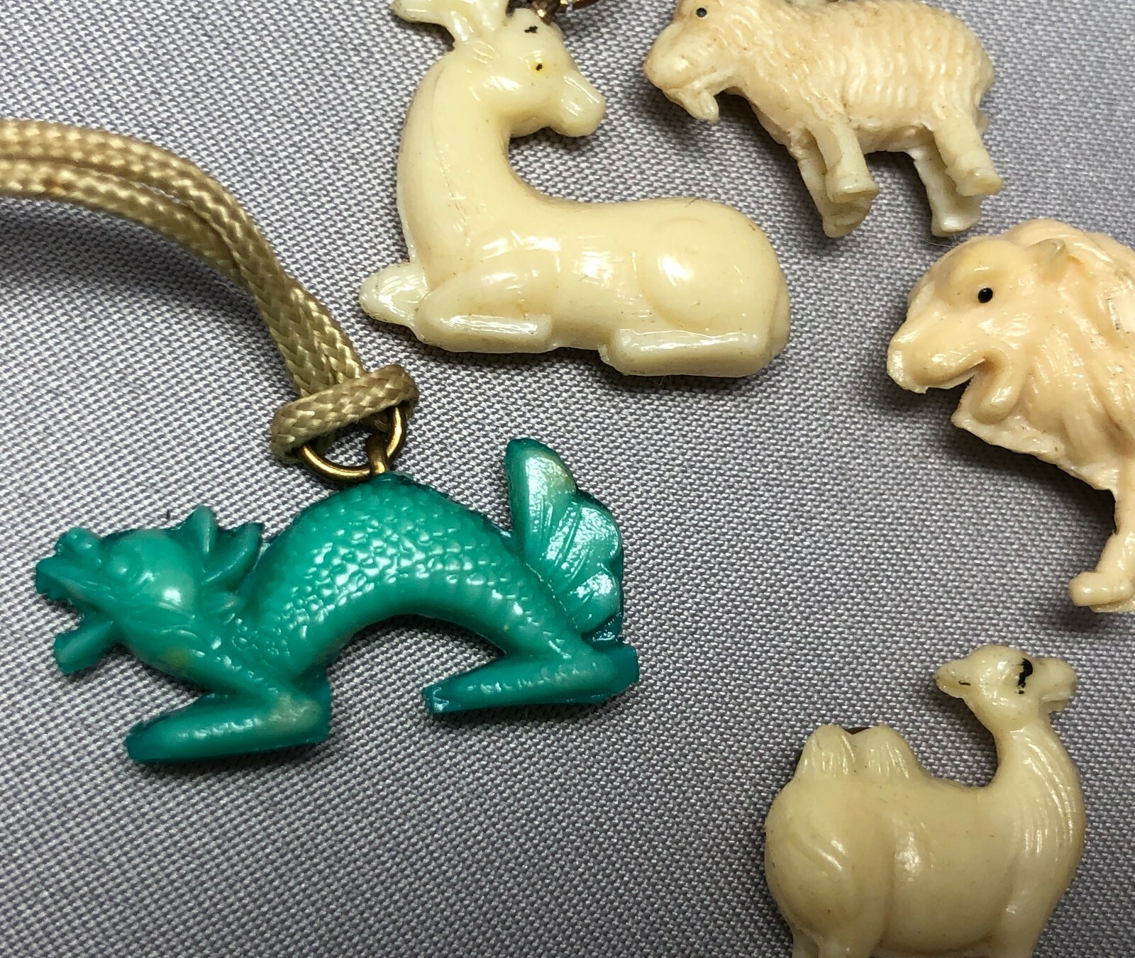 6 1940s LION Goat DRAGON Deer CAMEL Charm CRACKER JACK Prize Toy Premium Vintage