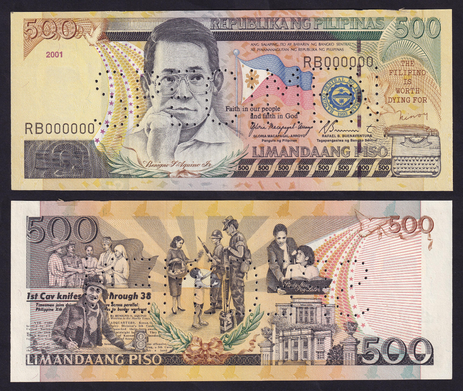 フィリピン　ニノイアキノ500ペソSPECIMEN (見本) 2001 NEW DESIGN 500 Pesos SPECIMEN SOLID NO. RB000000