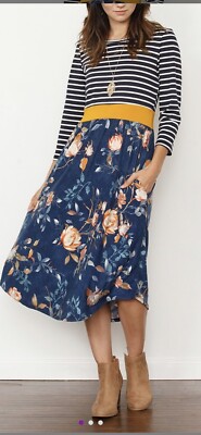 Egs by Eloges Floral Midi Dress, XL, Blue/Mustard, NEW