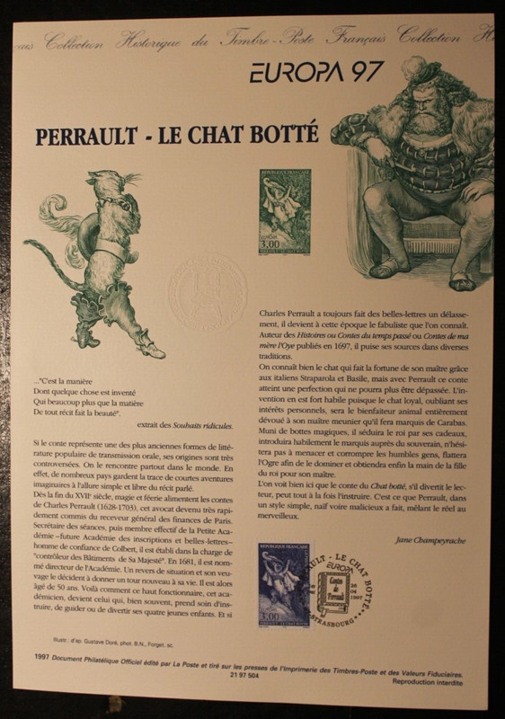 Document PhilatÃ©Lique - 1er Jour - Europa 97 - Perrault - Le Chat BottÃ© - 1997