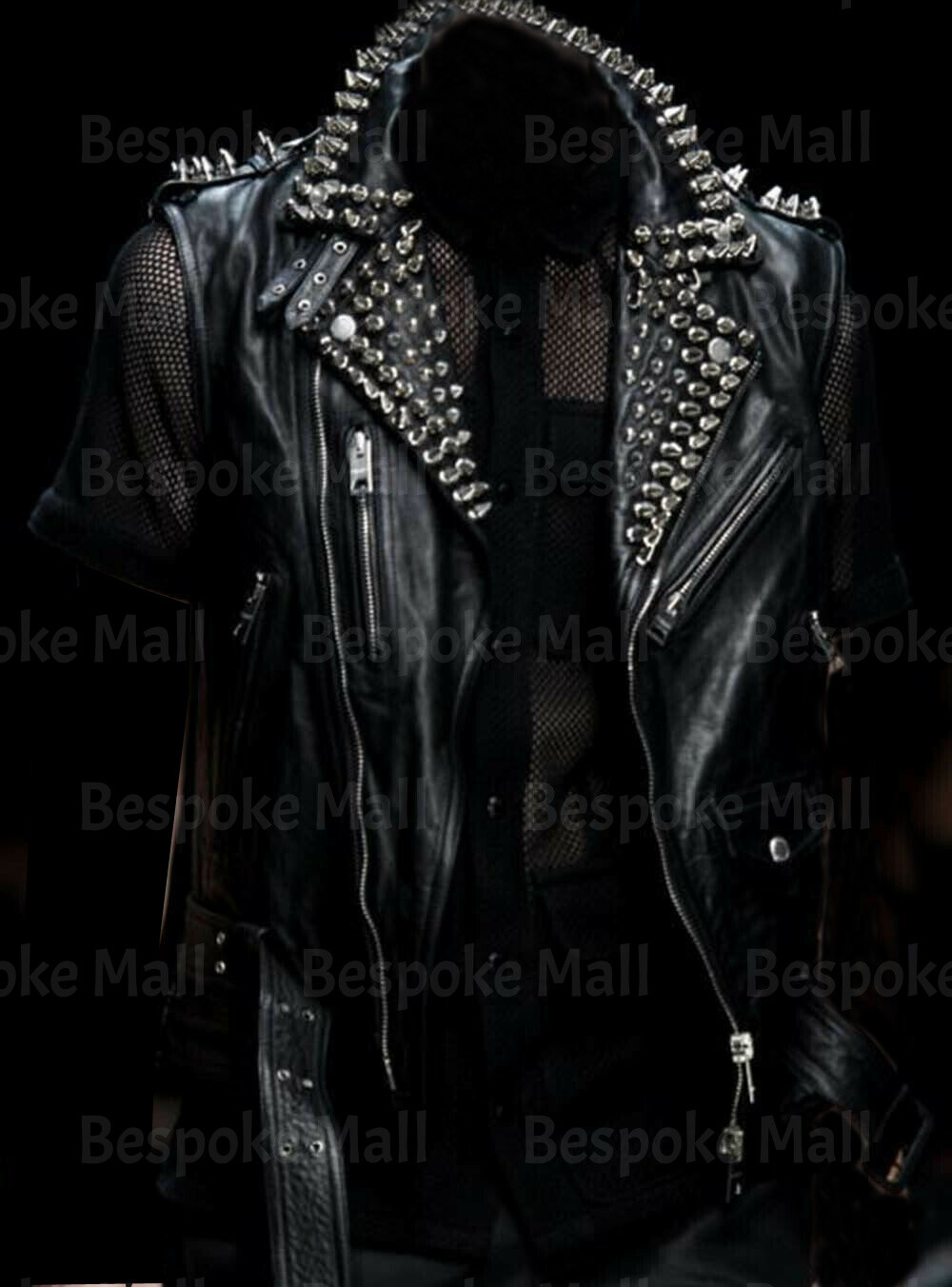 Pre-owned Handmade Men's Black Silver Spiked Studded Punk Unique Cowhide Biker Leather Vest-797