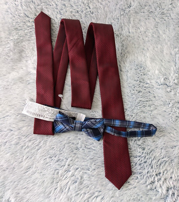 2 Zara Boy Accessories Bundle Dressy Jacquard Slim Red Tie + Plaid Bow Tie NEW