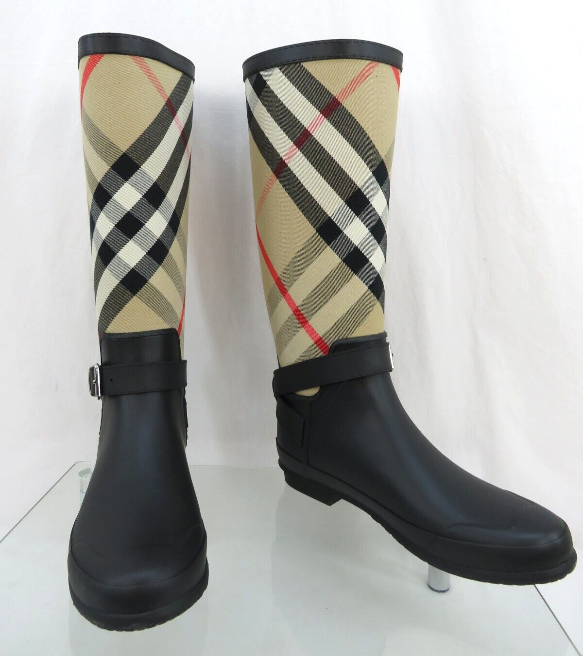 Pre-owned Burberry Simeon Black Rubber Beige Check Logo Knee High Rain Boots Us 10 Eu 40